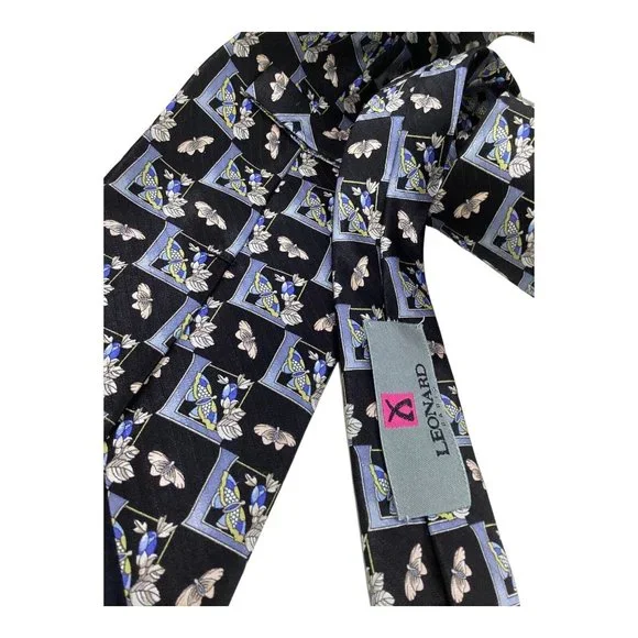LEONARD PARIS Black Butterfly Print Silk Tie Made In Italy 59-3.75 EX COND
